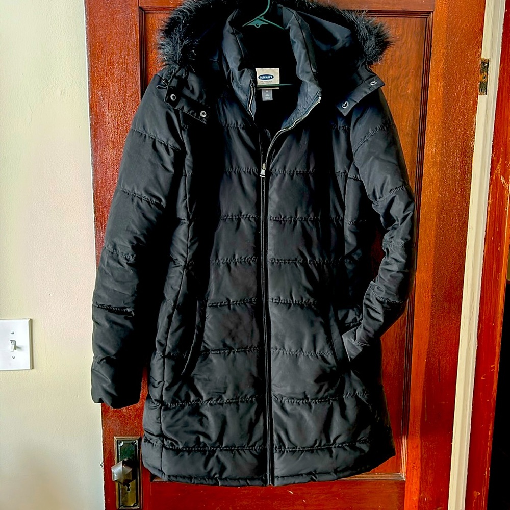 Women’s black hooded, long puffer coat